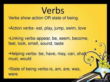 Verbs Verbs show action OR state of being.