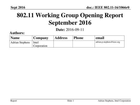 Working Group Opening Report September 2016