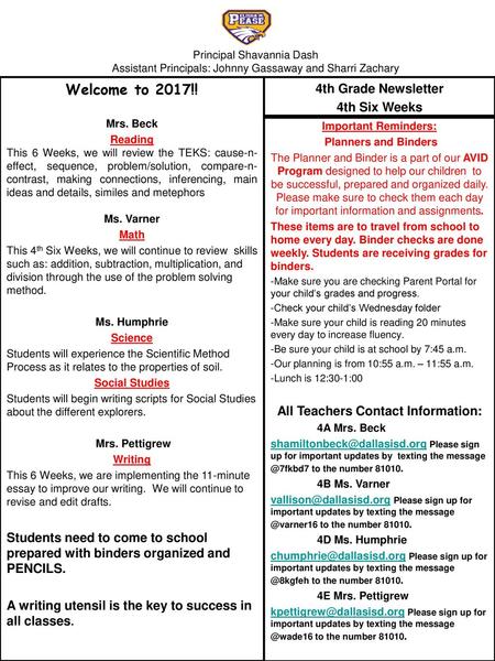 Welcome to 2017!! 4th Grade Newsletter 4th Six Weeks