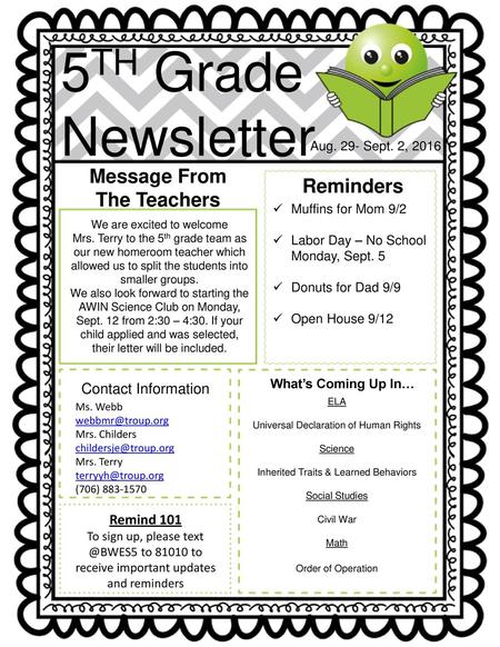 5TH Grade Newsletter Message From Reminders The Teachers