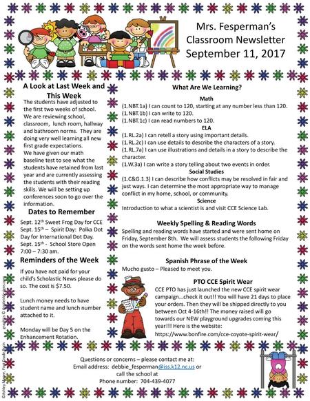 September 11, 2017 Mrs. Fesperman’s Classroom Newsletter