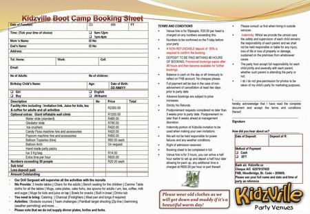 Kidzville Boot Camp Booking Sheet