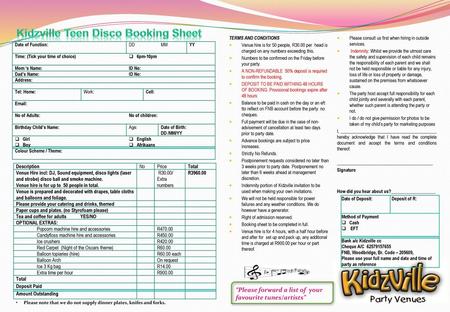 Kidzville Teen Disco Booking Sheet