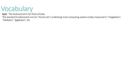 Vocabulary byte - The technical term for 8 bits of data.