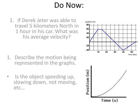 Do Now: If Derek Jeter was able to travel 5 kilometers North in 1 hour in his car. What was his average velocity? Describe the motion being represented.