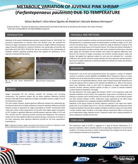 METABOLIC VARIATION OF JUVENILE PINK SHRIMP (Farfantepenaeus paulensis) DUE TO TEMPERATURE . Edison Barbieria; Aline Maria Zigiotto de Medeirosa; Marcelo.