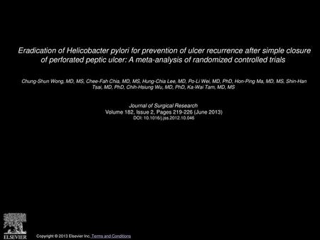 Eradication of Helicobacter pylori for prevention of ulcer recurrence after simple closure of perforated peptic ulcer: A meta-analysis of randomized controlled.