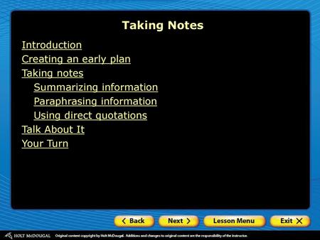 Taking Notes Introduction Creating an early plan Taking notes