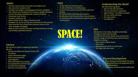 SPACE! Maths PSED Understanding the World EAD Literacy