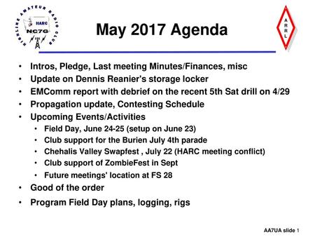 May 2017 Agenda Intros, Pledge, Last meeting Minutes/Finances, misc