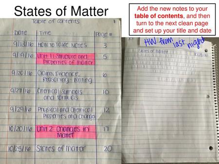 States of Matter Add the new notes to your table of contents, and then turn to the next clean page and set up your title and date.