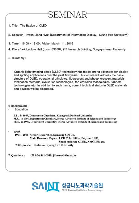 SEMINAR 1. Title : The Basics of OLED