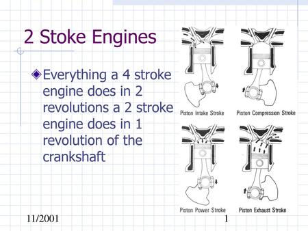 2 Stoke Engines Everything a 4 stroke engine does in 2 revolutions a 2 stroke engine does in 1 revolution of the crankshaft 11/2001.