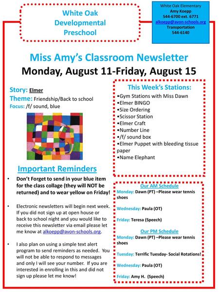 Miss Amy’s Classroom Newsletter Monday, August 11-Friday, August 15