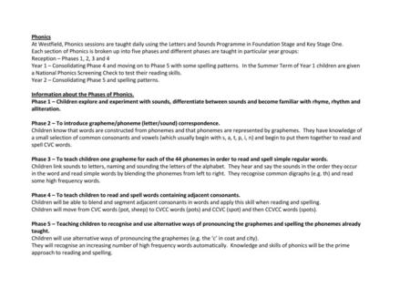 Phonics At Westfield, Phonics sessions are taught daily using the Letters and Sounds Programme in Foundation Stage and Key Stage One. Each section of Phonics.