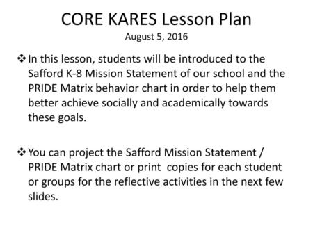 CORE KARES Lesson Plan August 5, 2016