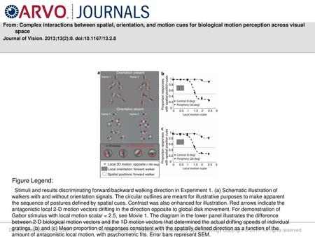 From: Complex interactions between spatial, orientation, and motion cues for biological motion perception across visual space Journal of Vision. 2013;13(2):8.