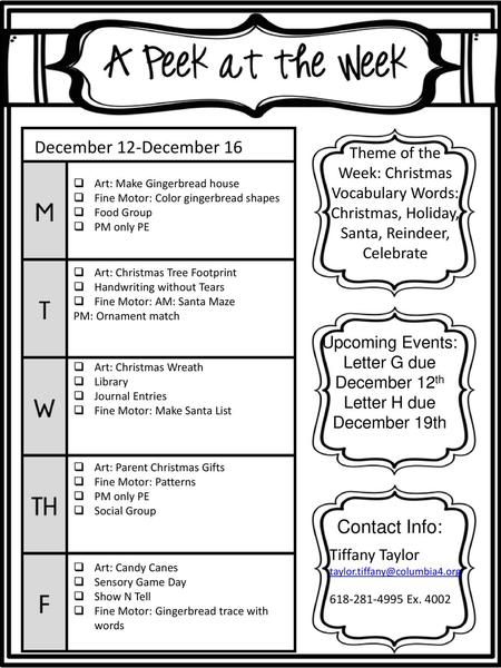 December 12-December 16 Theme of the Week: Christmas Vocabulary Words: