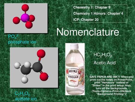 Nomenclature PO43- phosphate ion HC2H3O2 Acetic Acid C2H3O2-