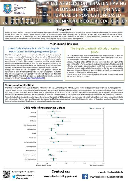 THE ASSOCIATION BETWEEN HAVING A LONG-TERM CONDITION AND UPTAKE OF POPULATION-BASED SCREENING FOR COLORECTAL CANCER Benjamin Kearns, The University of.