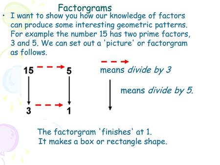 Factorgrams means divide by 3 means divide by 5.