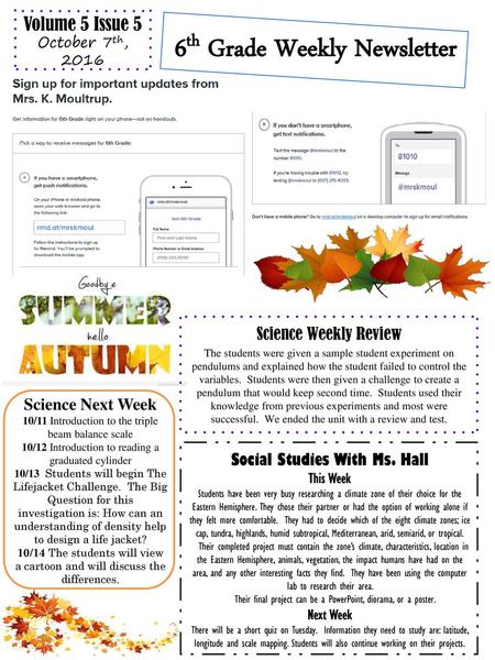 6th Grade Weekly Newsletter