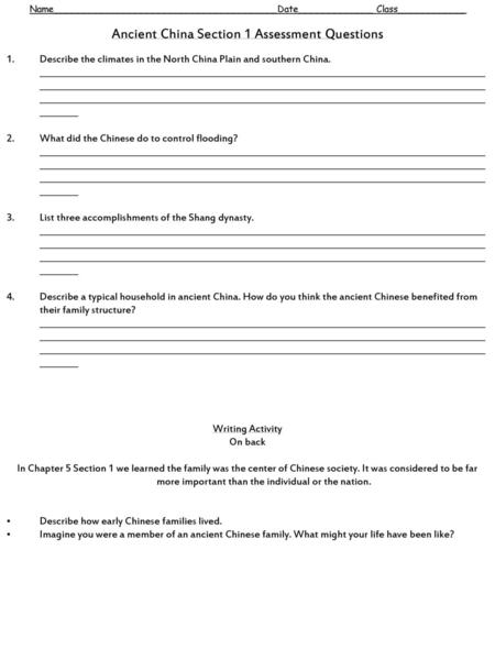 Ancient China Section 1 Assessment Questions