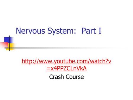 Http://www.youtube.com/watch?v=x4PPZCLnVkA Crash Course Nervous System: Part I http://www.youtube.com/watch?v=x4PPZCLnVkA Crash Course.