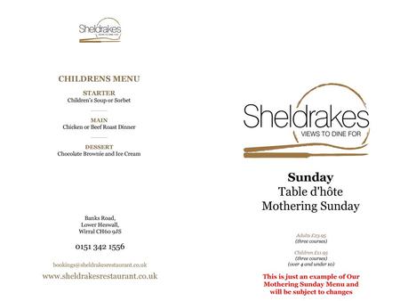 Sunday Table d'hôte Mothering Sunday CHILDRENS MENU