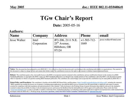 TGw Chair’s Report Date: Authors: May 2005 Month Year