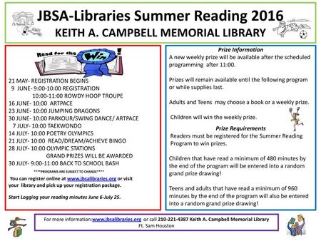 JBSA-Libraries Summer Reading 2016 KEITH A. CAMPBELL MEMORIAL LIBRARY