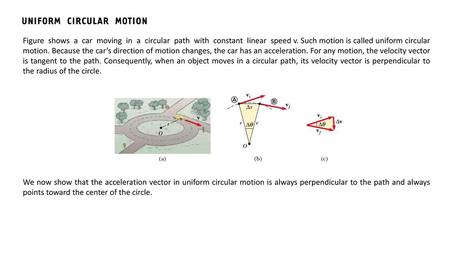 Figure shows a car moving in a circular path with constant linear speed v. Such motion is called uniform circular motion. Because the car’s.