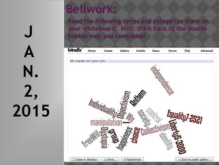 Bellwork: Read the following terms and categorize them on your whiteboard. Hint: think back to the double bubble map you completed. J A N. 2, 2015.