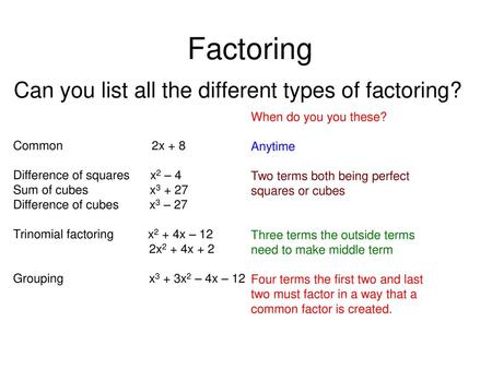 Can you list all the different types of factoring?