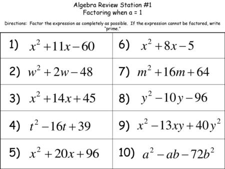 Algebra Review Station #1