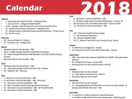 2018 Calendar June 5 - All Comers Track & Field Meet - TBD