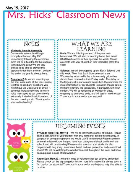 Mrs. Hicks’ Classroom News