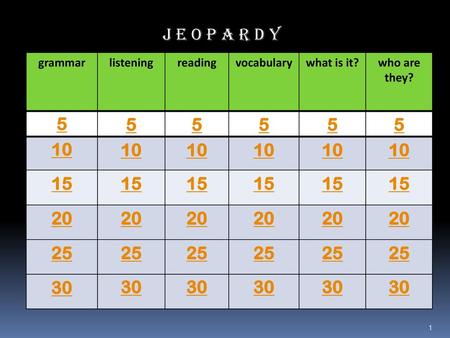 J e o p a r d y grammar listening reading vocabulary