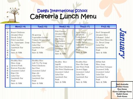 Daegu International School Cafeteria Lunch Menu