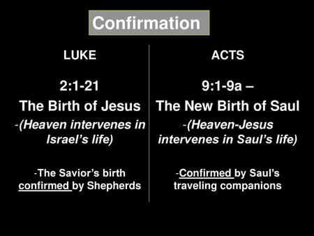 Confirmation 2:1-21 The Birth of Jesus 9:1-9a – The New Birth of Saul