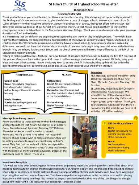 St Luke’s Church of England School Newsletter 16 October 2015