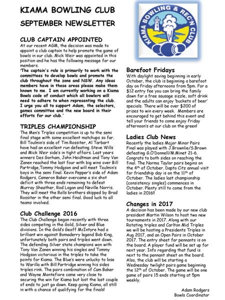 KIAMA BOWLING CLUB SEPTEMBER NEWSLETTER CLUB CAPTAIN APPOINTED