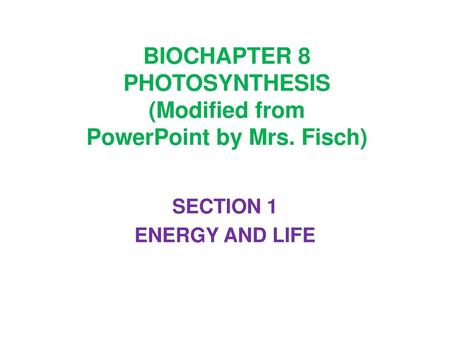 BIOCHAPTER 8 PHOTOSYNTHESIS (Modified from PowerPoint by Mrs. Fisch)