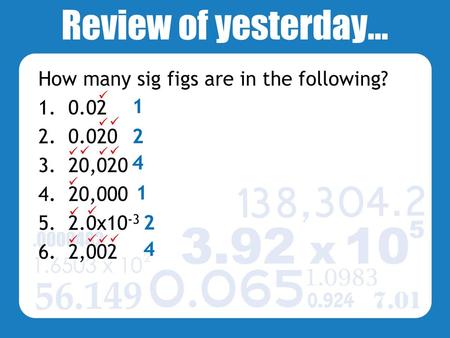 Review of yesterday… How many sig figs are in the following? 0.02