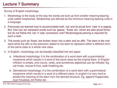 Lecture 7 Summary Survey of English morphology