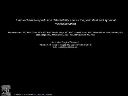 Limb ischemia–reperfusion differentially affects the periosteal and synovial microcirculation  Petra Hartmann, MD, PhD, Gábor Erős, MD, PhD, Renáta Varga,