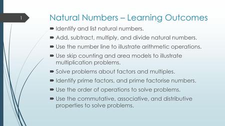 Natural Numbers – Learning Outcomes