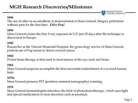 MGH Research Discoveries/Milestones