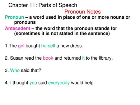 Chapter 11: Parts of Speech Pronoun Notes