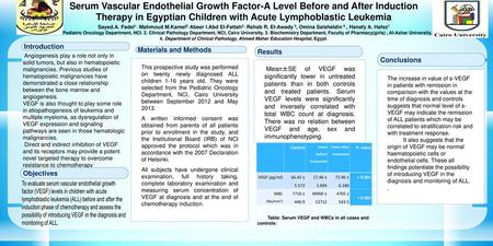 Serum Vascular Endothelial Growth Factor-A Level Before and After Induction Therapy in Egyptian Children with Acute Lymphoblastic Leukemia Sayed.A. Fadel1.